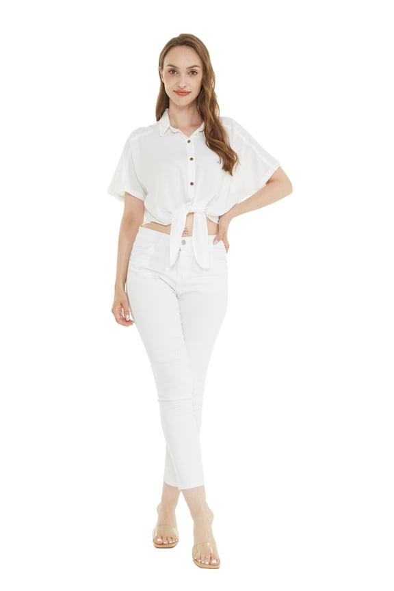 Women's Hawaiian Tie Front Crop Top Aloha Shirt in Solid White L