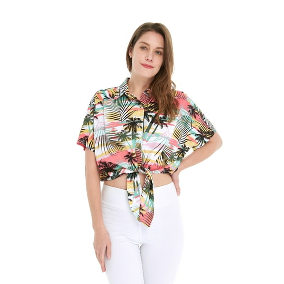 Women's Hawaiian Tie Front Crop Top Aloha Shirt in Sunset Neon Pastel L
