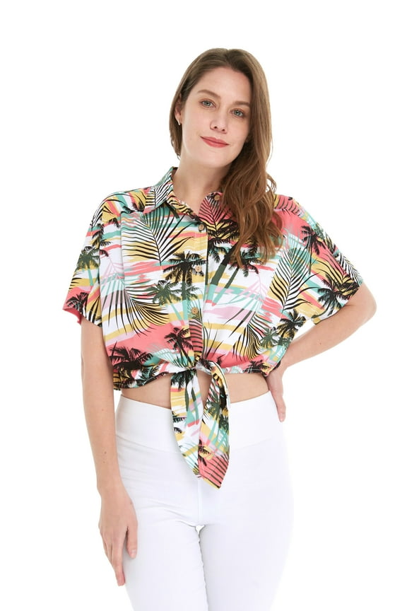 Women's Hawaiian Tie Front Crop Top Aloha Shirt in Sunset Neon Pastel M