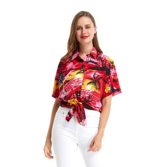 Women's Hawaiian Tie Front Crop Top Aloha Shirt in Sunset Red XL