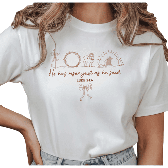 Women's He Has Risen Luke 24:6 Cross Crown of Thorns Lamb Tomb Bow Graphic Casual T Shirt Short Sleeve Round Neck Top White S-5XL