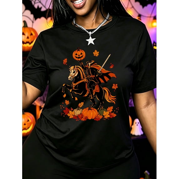 Women's Headless Horseman Halloween Pumpkin Graphic T‑Shirt Retro Spooky Fall Short Sleeve Tee