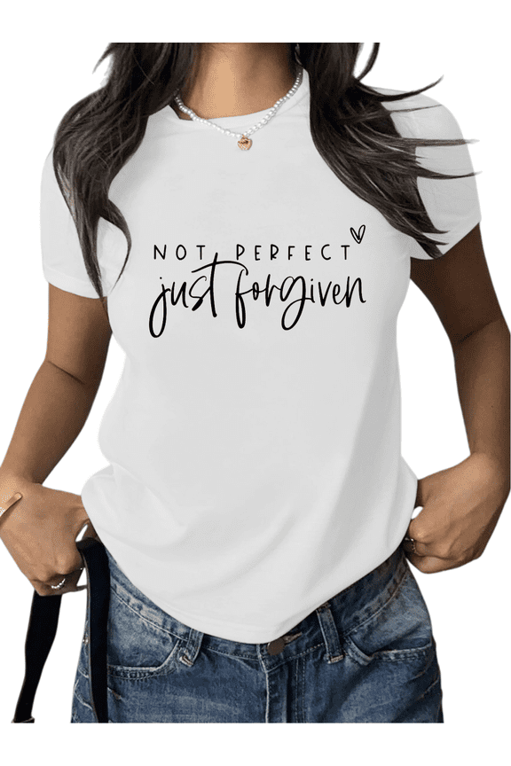 Women's Healing T-Shirt - Not Perfect Just Forgiven Print Short Sleeve Tee - Inspirational Self Love Message for Comfort & Emotional Tops