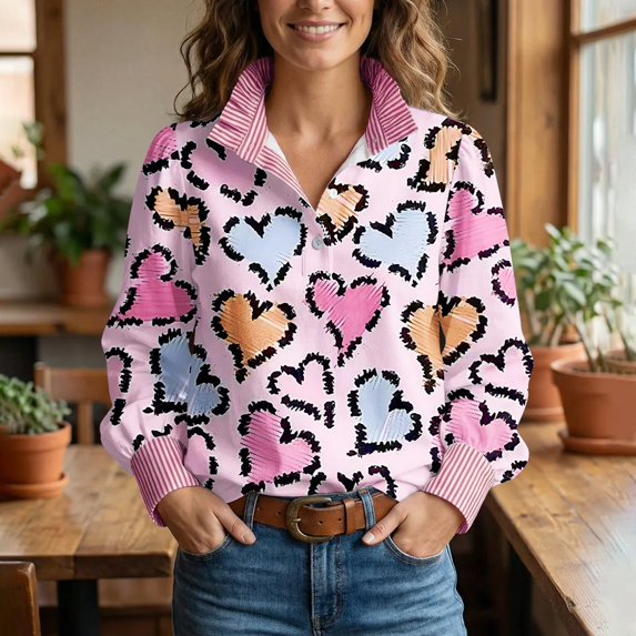 Women's Heart Blouses Valentine Long Sleeve Button Up Dressy Lapel Collared Shirts Cute Casual Outfits