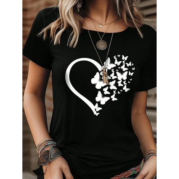 Women's Heart & Butterfly Print T-Shirt Graphic Tees Women Tops
