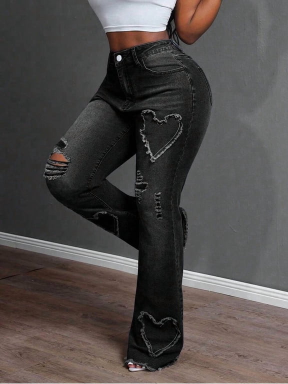 Women's Heart Embroidered Flare Jeans Stretch Distressed Denim Pants Button Front with Pockets Minimalist Casual for Office Commute & Everyday Wear