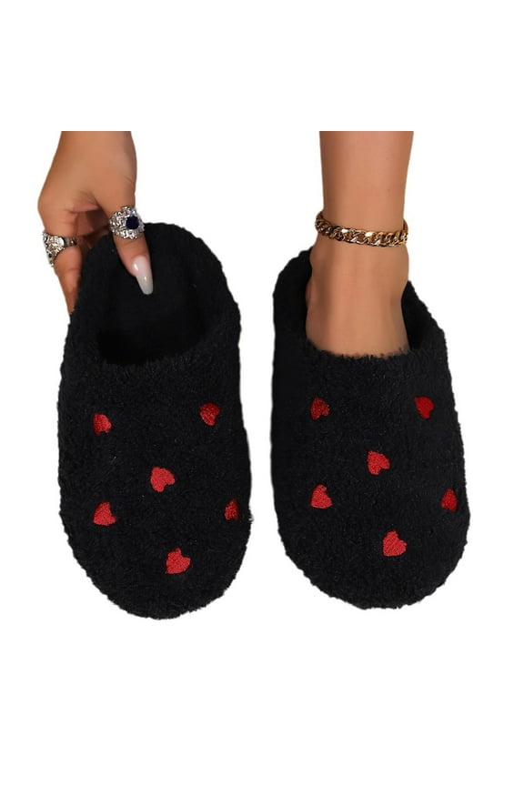 Women's Heart Embroidered Fuzzy Slippers Close Toe Flat Indoor Slippers Trendy Warm Cozy Slipper Shoes Valentine's Day Gift