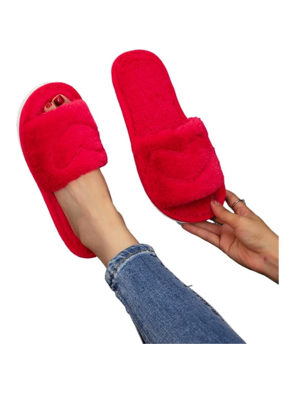 Women’s Heart-Embroidered Plush House Slippers, EU Size 42-43, Embroidered Heart Upper, Plush Fabric and Flexible Sole, Soft Open-Toe Lining, Red