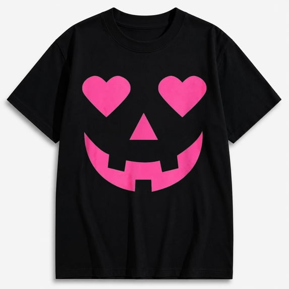 Women's Heart-Eye Jack-o-Lantern Face Pumpkin Shirt, Halloween Graphic Short Sleeve T-Shirt