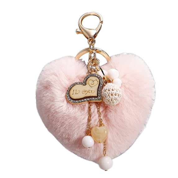 Women's Heart Faux Fur Pom Pom Key Chains Bag Accessory Puffball Keyring Backpack Charms for Girls