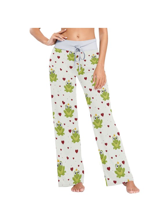 Women's Heart Frog Crown Comfy Stretch Wide Leg Pajama Pants, Drawstring Waist Casual Lounge Pants
