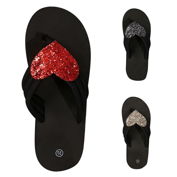 Women's Heart Glitter Flip Flops Flat Casual Summer Footwear Red 41