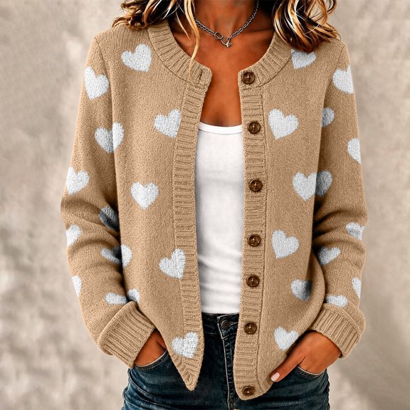 Women's Heart Jacquard Knit Cardigan Long Sleeve Crew Neck Button Down Loose Casual Sweater, S