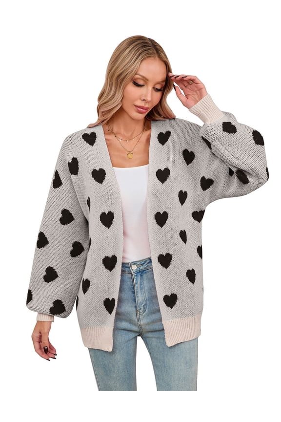 Women's Heart Knit Cardigan Sweater, V-Neck Long Sleeve Loose Fit Casual Knitwear for Fall and Winter