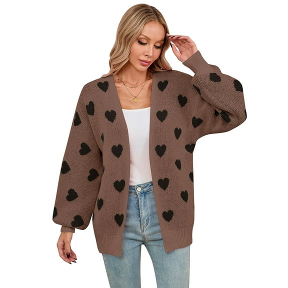 Women's Heart Knit Cardigan Sweater, V-Neck Long Sleeve Loose Fit Casual Knitwear for Fall and Winter