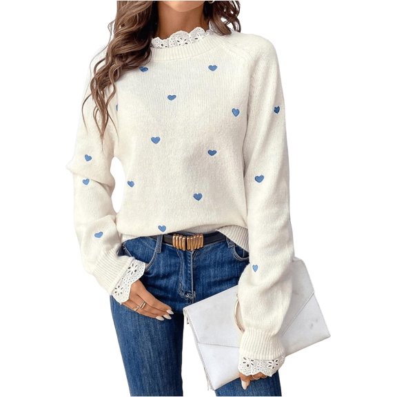 Women's Heart Lace Valentine Patchwork Pullover Sweater Embellished Long Sleeve Cute Knitwear Sweater Jumper, White, M