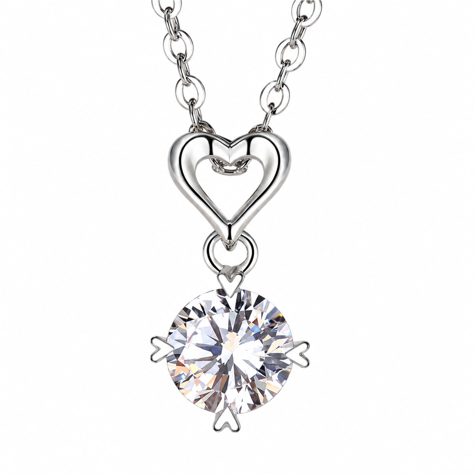 Women's Heart Pendant Necklace, Silver-Tone Clear Round Stone Necklace, Romantic Fashion Necklace for Women
