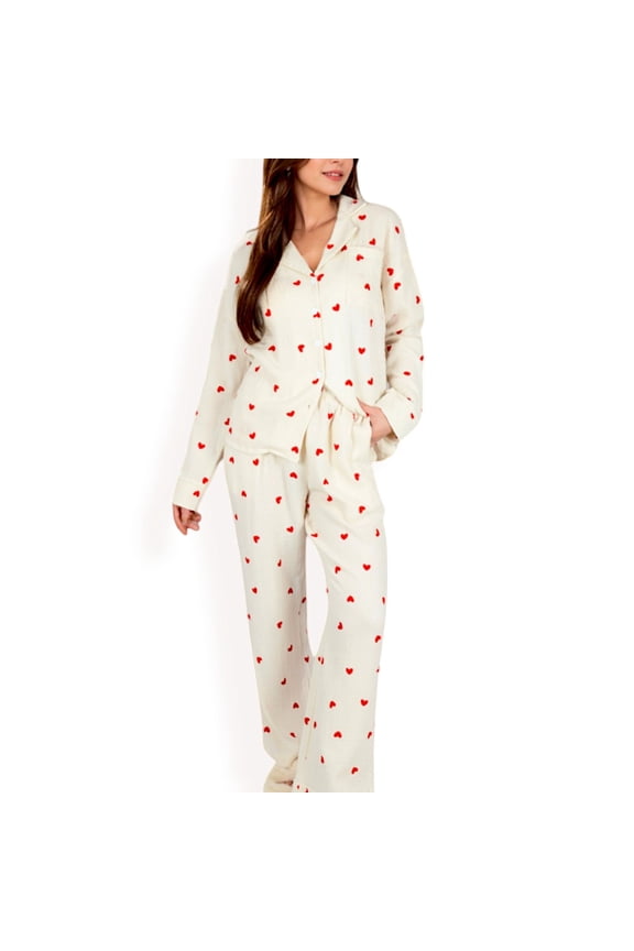 Women's Heart Print 2-Piece Pajama Set with Long Sleeve Button-Up Top and Relaxed Fit Pants - Small, White