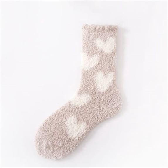 Women's Heart Print Coral Fleece Socks, Double Sided Plush Sleep Socks, Non-Slip Grip Ankle Socks, Cozy Home Wear, Soft Winter Bed Socks, Heart Pattern Design - Khaki