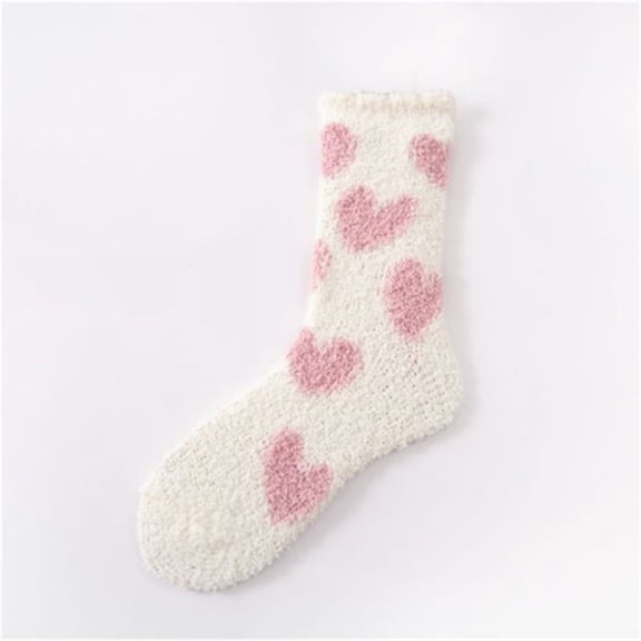 Women's Heart Print Coral Fleece Socks, Double Sided Plush Sleep Socks, Non-Slip Grip Ankle Socks, Cozy Home Wear, Soft Winter Bed Socks, Heart Pattern Design - White