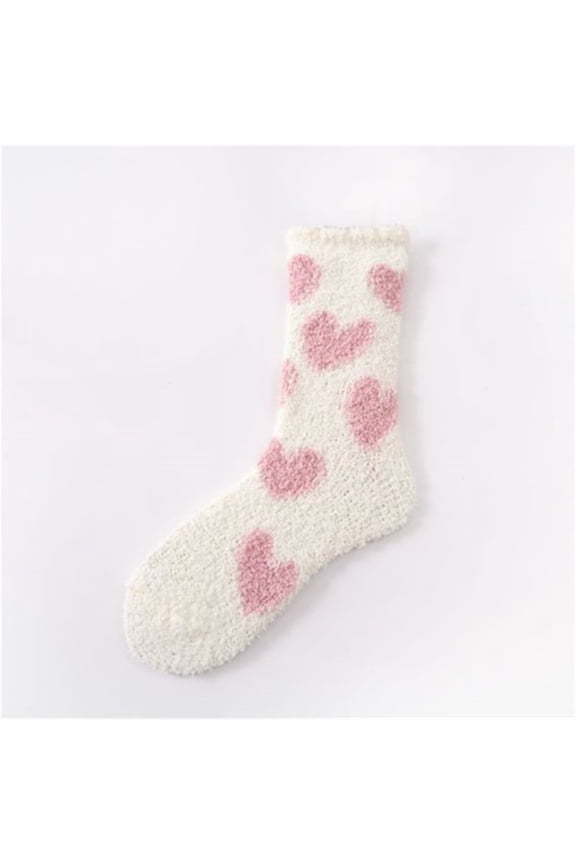 Women's Heart Print Coral Fleece Socks, Double Sided Plush Sleep Socks, Non-Slip Grip Ankle Socks, Cozy Home Wear, Soft Winter Bed Socks, Heart Pattern Design - White