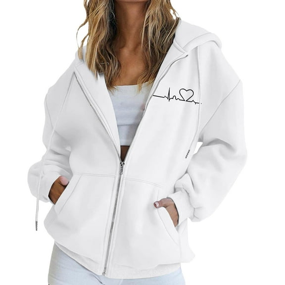 Women's Heart Print Hooded Sweatshirt, Fashion Casual Oversized Pullover with Drawstring Hood and Front Zipper, Lightweight Breathable Streetwear Jacket for Fall Winter Seasons White XXL
