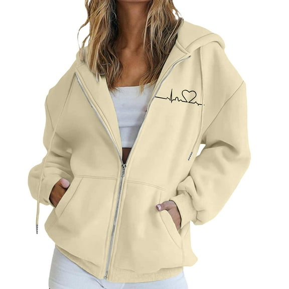 Women's Heart Print Hooded Sweatshirt, Fashion Casual Oversized Pullover with Drawstring Hood and Front Zipper, Lightweight Breathable Streetwear Jacket for Fall Winter Seasons Beige S