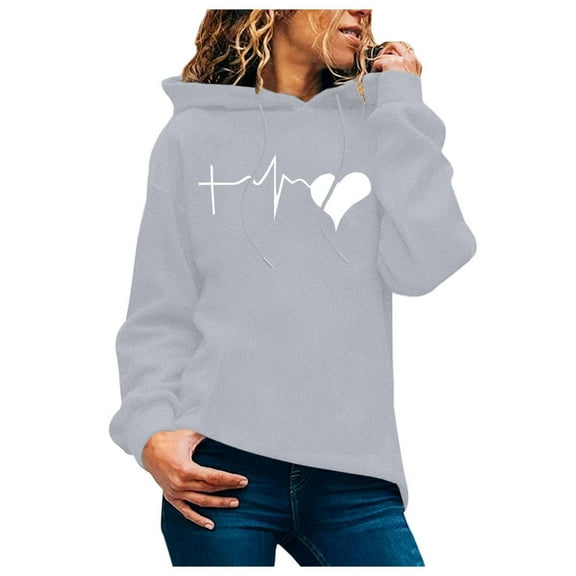 Women's Heart Print Hoodie Stylish Casual Long Sleeve Pullover With Pockets Drawstring Comfortable Soft Loungewear