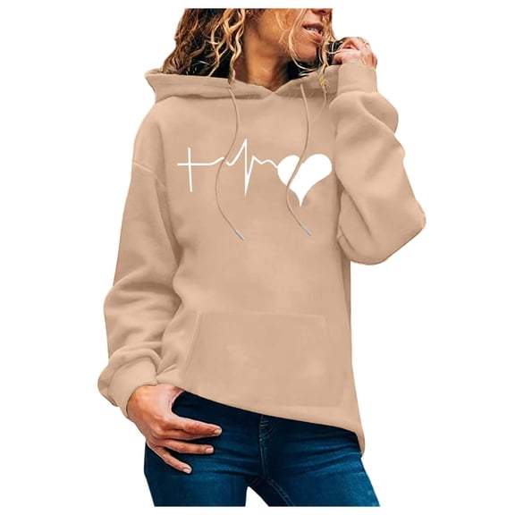 Women's Heart Print Hoodie Stylish Casual Long Sleeve Pullover With Pockets Drawstring Comfortable Soft Loungewear