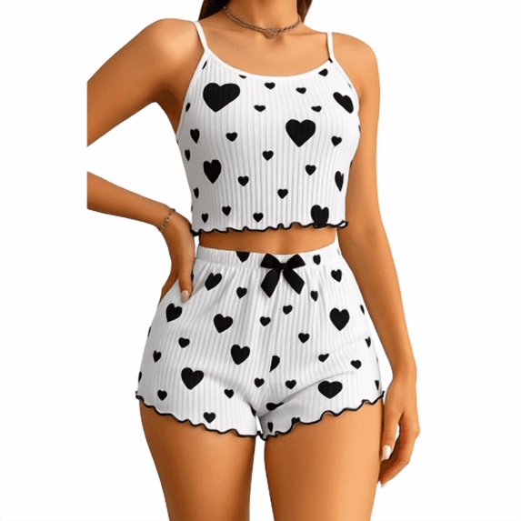 Women's Heart Print Knit Camisole & Shorts Pajama Set, Black, XLarge