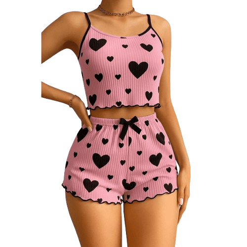 Women's Heart Print Knit Camisole & Shorts Pajama Set,  Pink, Medium