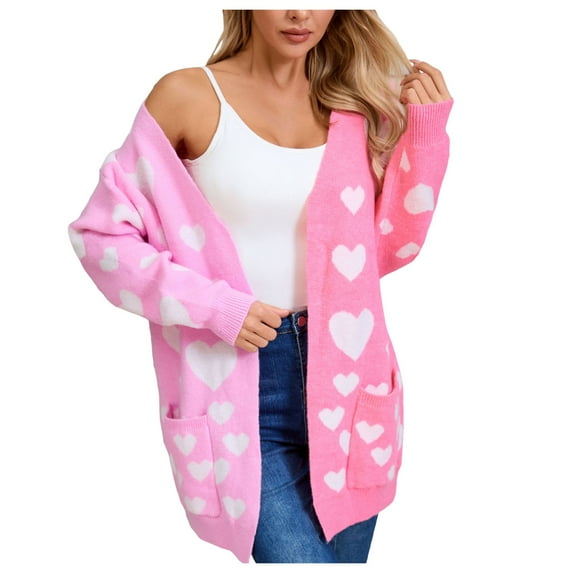Women's Heart Print Knitted Long Cardigan Sweater V Neck Open Front Sweater Outerwears With Pockets