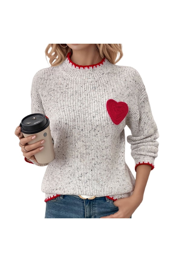 Women's Heart Print Knitted Sweater Semi-Turtleneck Tops Grey XXXXS