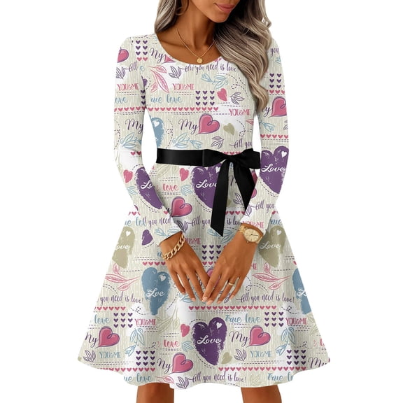 Women's Heart Print Long Sleeve Fit And Flare Dress Belted Waist Romantic Red Heart Detail Flowy Skirt Soft Fabric Ideal for Valentine s Day Casual, Sizes S-5XL