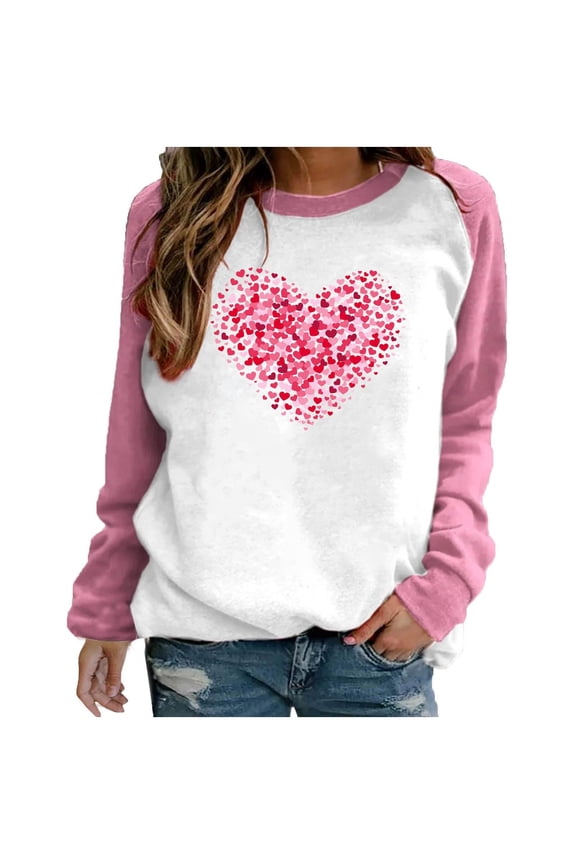 Women's Heart Print Long Sleeve Top, Heart Print Casual Sweater Soft Heart Print Daily Pullover Heart Pattern Raglan Sleeve Top Heart Design Raglan Sleeve Sweater, White 4XL