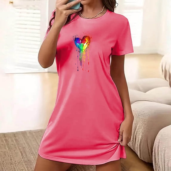 Women's Heart Print Nightshirt Stretch Soft Comfortable Crew Neck Casual Nightgown Everyday Short Sleep Dress Plus Size Nightgowns for Women M
