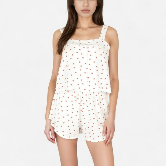 Women's Heart Print Pajama Set with Wide Strap Tank Top and Elastic Waist Shorts - Small, White