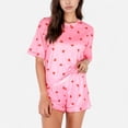 thumbnail image 1 of Women's Heart Print Satin Pajama Set with Short Sleeve Crew Neck Top and Ruffle Trim Lounge Shorts - Large, Mauve Pink, 1 of 7