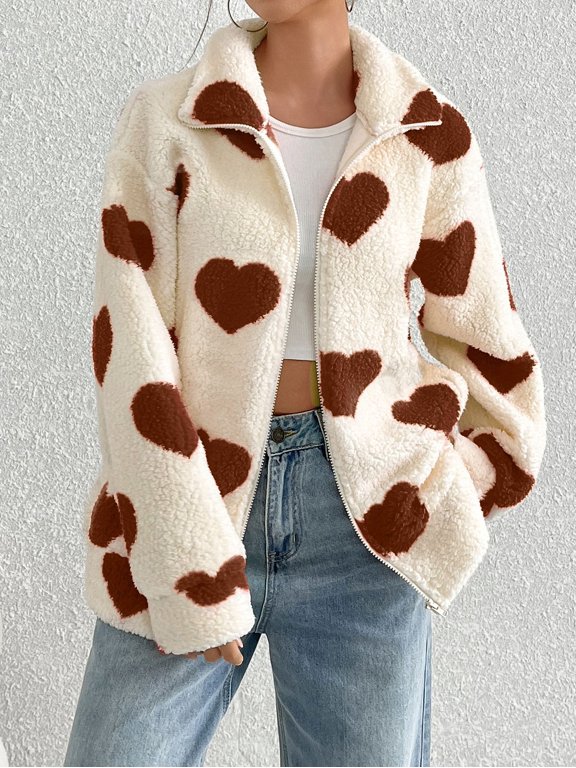 Women's Heart Print Sherpa Jacket, Plush Full-Zip Stand Collar Fleece Coat for Casual Cold-Weather Layering