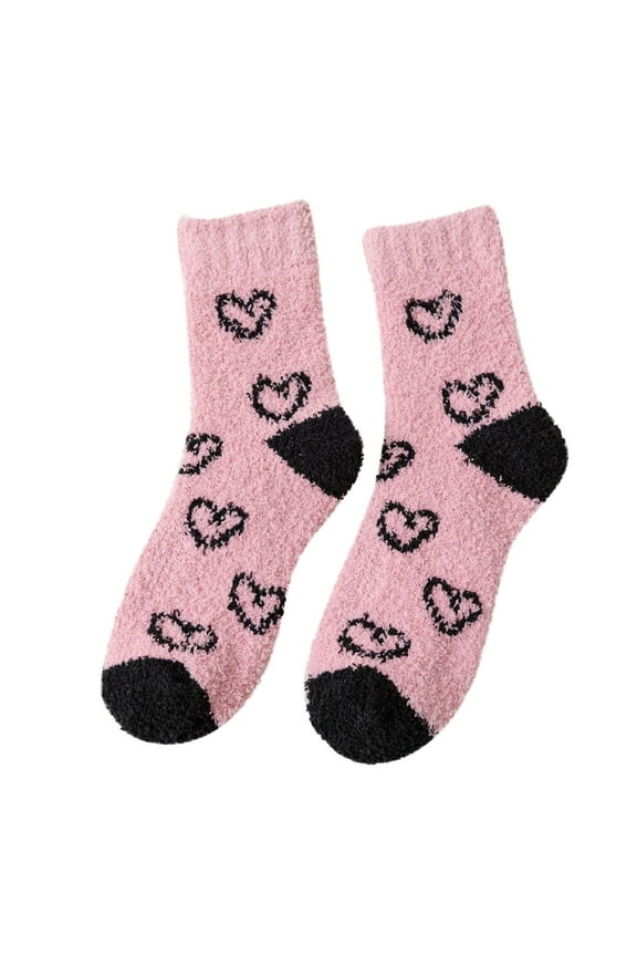 Women's All Over Heart Print Socks, Thick Fleece Lined Mid Calf Socks for Winter Sleep, Warm Cozy Bed Socks, Soft Cold Weather Socks for Her Gift - Pink