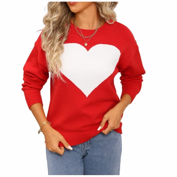 Women's Heart Print Sweater Long Sleeve Crewneck Ribbed Knit Pullover Top for Valentine's Day & Casual Wear Red S
