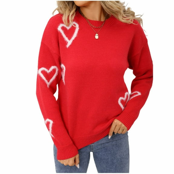 Women's Heart Print Sweater Long Sleeve Crewneck Ribbed Knit Pullover Top for Valentine's Day & Casual Wear Red XL