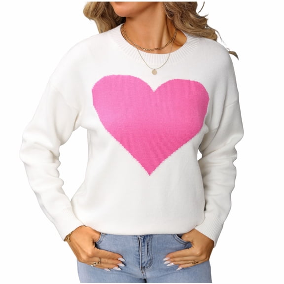 Women's Heart Print Sweater Long Sleeve Crewneck Ribbed Knit Pullover Top for Valentine's Day & Casual Wear White L