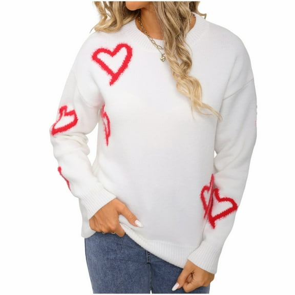 Women's Heart Print Sweater Long Sleeve Crewneck Ribbed Knit Pullover Top for Valentine's Day & Casual Wear White XL