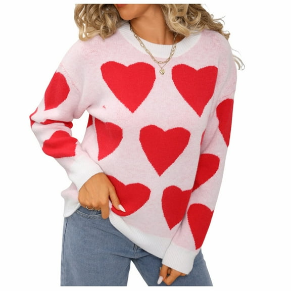Women's Heart Print Sweater Long Sleeve Crewneck Ribbed Knit Pullover Top for Valentine's Day & Casual Wear White XL