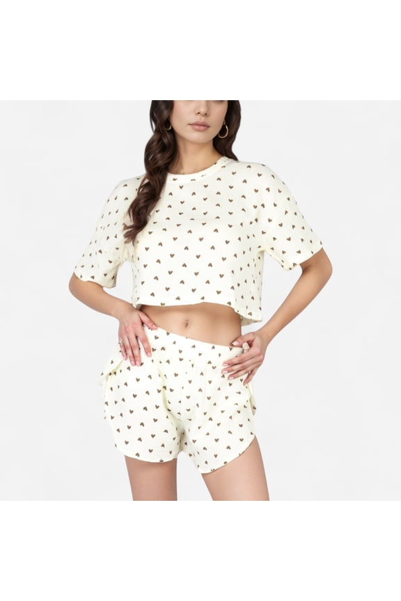 Women's Heart Print Waffle Knit Sleepwear Set with Cropped Tee and Elastic Waist Shorts - Medium, Light Beige