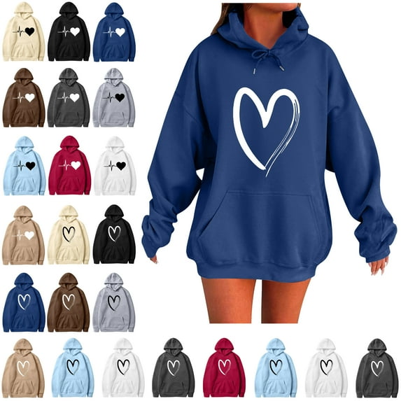 Women's Heart Printed Hoodies Drawstring Long Sleeve Sweatshirts Loose Pullover Tops with Pockets Ndbuld Fashion Casual Ladies Printed Long Sleeve Tops Blouse Hooded Sweatshirts A Blue M