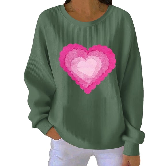 Women's Heart Printed Sweatshirt Long Sleeve Crewneck Casual Loose Vintage FLower Graphic Pullover Tops Army Green L