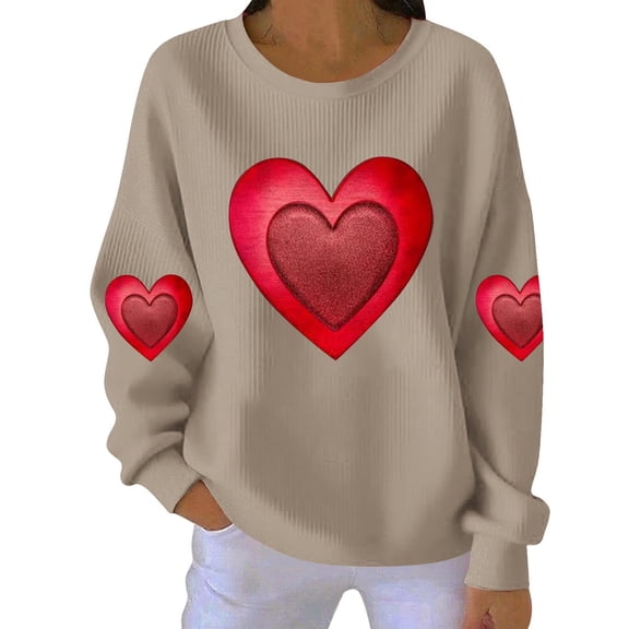 Women's Heart Printed Sweatshirt Long Sleeve Crewneck Casual Loose Vintage FLower Graphic Pullover Tops Khaki L