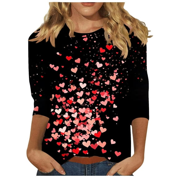 Women's Heart Printed Tops Valentines Day Shirts Gifts 3/4 Sleeve Crew Neck Holiday Casual Base Graphic Tees (XL, Multicolor)